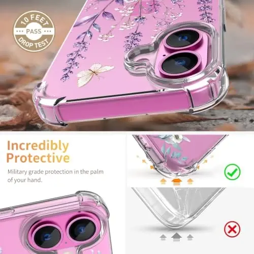 ilnehc for iPhone 16 Case, 3 in 1 Screen & Lens Protectors, Floral Cover | Soft TPU Material | Flower Design | Shockproof | Designed for Women Girls，Butterfly Meadow - 3