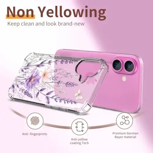 ilnehc for iPhone 16 Case, 3 in 1 Screen & Lens Protectors, Floral Cover | Soft TPU Material | Flower Design | Shockproof | Designed for Women Girls，Butterfly Meadow - 5