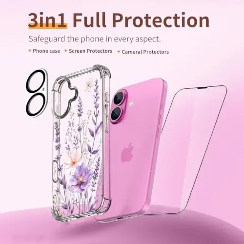 ilnehc for iPhone 16 Case, 3 in 1 Screen & Lens Protectors, Floral Cover | Soft TPU Material | Flower Design | Shockproof | Designed for Women Girls，Butterfly Meadow - 6