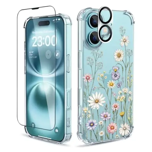 ilnehc for iPhone 16 Case, 3 in 1 Screen & Lens Protectors, Floral Cover | Soft TPU Material | Flower Design | Shockproof | Designed for Women Girls，Daisy Meadow - 1
