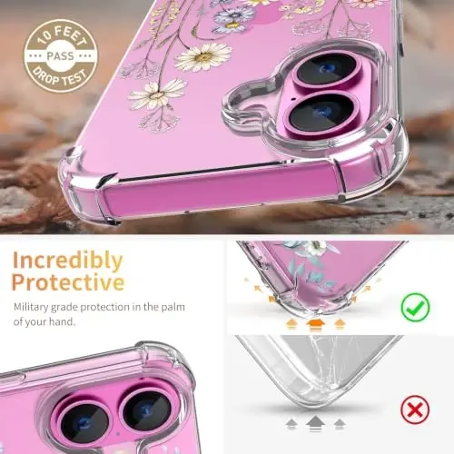ilnehc for iPhone 16 Case, 3 in 1 Screen & Lens Protectors, Floral Cover | Soft TPU Material | Flower Design | Shockproof | Designed for Women Girls，Daisy Meadow - 3