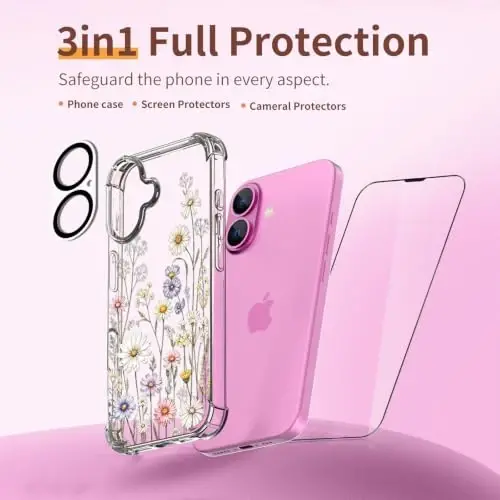 ilnehc for iPhone 16 Case, 3 in 1 Screen & Lens Protectors, Floral Cover | Soft TPU Material | Flower Design | Shockproof | Designed for Women Girls，Daisy Meadow - 6