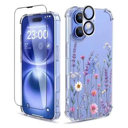ilnehc for iPhone 16 Case, 3 in 1 Screen & Lens Protectors, Floral Cover | Soft TPU Material | Flower Design | Shockproof | Designed for Women Girls，Lavender Garden - 1