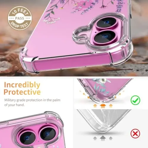 ilnehc for iPhone 16 Case, 3 in 1 Screen & Lens Protectors, Floral Cover | Soft TPU Material | Flower Design | Shockproof | Designed for Women Girls，Lavender Garden - 3