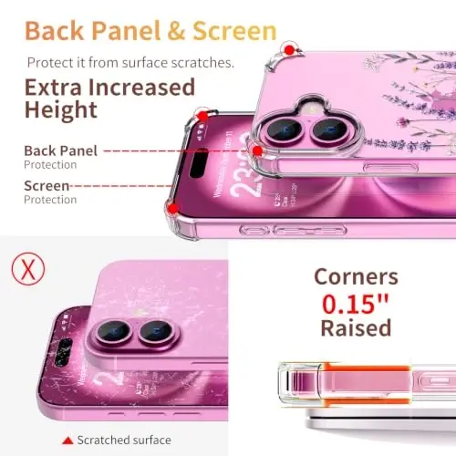 ilnehc for iPhone 16 Case, 3 in 1 Screen & Lens Protectors, Floral Cover | Soft TPU Material | Flower Design | Shockproof | Designed for Women Girls，Lavender Garden - 4