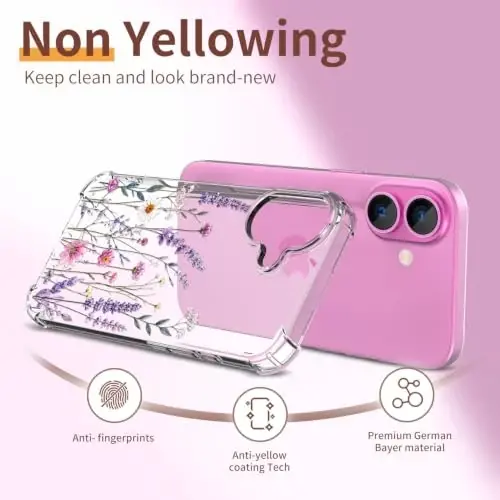 ilnehc for iPhone 16 Case, 3 in 1 Screen & Lens Protectors, Floral Cover | Soft TPU Material | Flower Design | Shockproof | Designed for Women Girls，Lavender Garden - 5