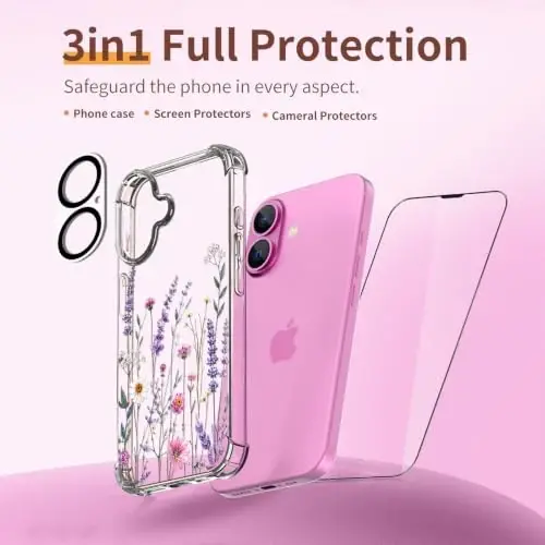 ilnehc for iPhone 16 Case, 3 in 1 Screen & Lens Protectors, Floral Cover | Soft TPU Material | Flower Design | Shockproof | Designed for Women Girls，Lavender Garden - 6