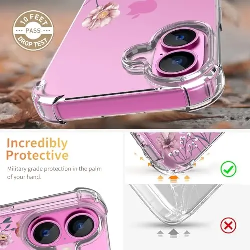 ilnehc for iPhone 16 Case, [3 in 1] with Screen Protector & Camera Lens Protector, Flower Pattern Design, Clear Soft Shockproof Slim Floral Phone Cover for Women Girls 2024 6.1