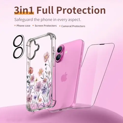 ilnehc for iPhone 16 Case, [3 in 1] with Screen Protector & Camera Lens Protector, Flower Pattern Design, Clear Soft Shockproof Slim Floral Phone Cover for Women Girls 2024 6.1