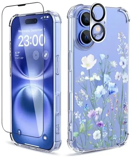 ilnehc for iPhone 16 Case, [3 in 1] with Screen Protector & Camera Lens Protector, Flower Pattern Design, Clear Soft Shockproof Slim Floral Phone Cover for Women Girls 2024 6.1