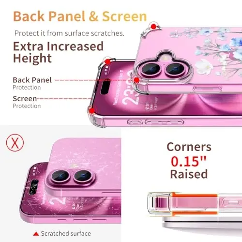 ilnehc for iPhone 16 Case, [3 in 1] with Screen Protector & Camera Lens Protector, Flower Pattern Design, Clear Soft Shockproof Slim Floral Phone Cover for Women Girls 2024 6.1