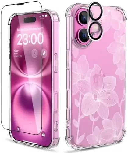 ilnehc for iPhone 16 Case,[3 in 1] with Screen Protector & Camera Lens Protector, Flower Pattern Design,Clear Soft Shockproof Slim Floral Phone Cover for Women Girls 2024 6.1