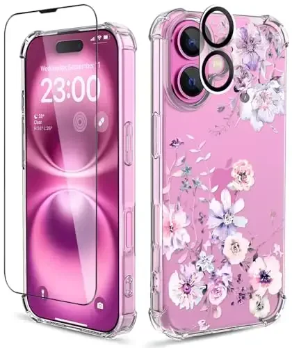 ilnehc for iPhone 16 Case,[3 in 1] with Screen Protector & Camera Lens Protector, Flower Pattern Design,Clear Soft Shockproof Slim Floral Phone Cover for Women Girls 2024 6.1