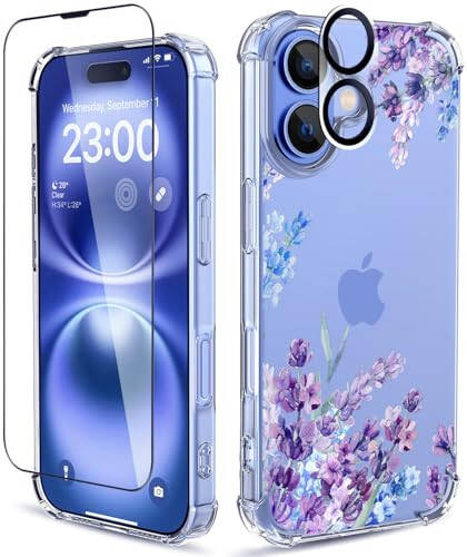 ilnehc for iPhone 16 Case,[3 in 1] with Screen Protector & Camera Lens Protector, Flower Pattern Design,Clear Soft Shockproof Slim Floral Phone Cover for Women Girls 2024 6.1