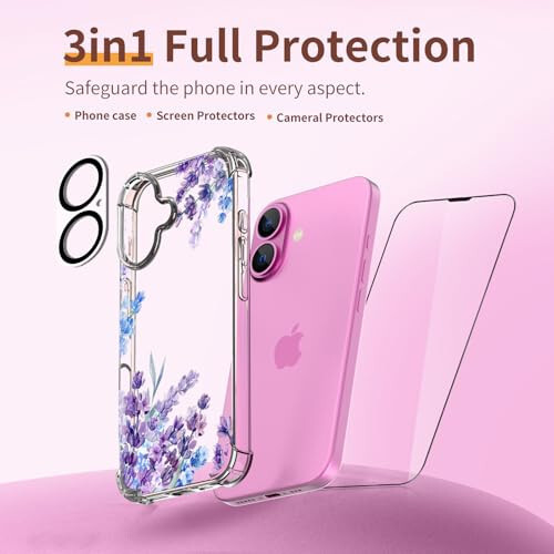 ilnehc for iPhone 16 Case,[3 in 1] with Screen Protector & Camera Lens Protector, Flower Pattern Design,Clear Soft Shockproof Slim Floral Phone Cover for Women Girls 2024 6.1