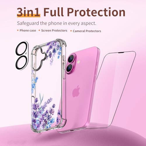 ilnehc for iPhone 16 Case,[3 in 1] with Screen Protector & Camera Lens Protector, Flower Pattern Design,Clear Soft Shockproof Slim Floral Phone Cover for Women Girls 2024 6.1