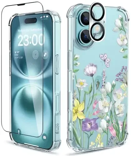 ilnehc for iPhone 16 Case,[3 in 1] with Screen Protector & Camera Lens Protector, Flower Pattern Design,Clear Soft Shockproof Slim Floral Phone Cover for Women Girls 2024 6.1