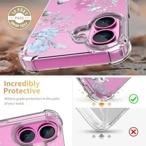 ilnehc for iPhone 16 Case,[3 in 1] with Screen Protector & Camera Lens Protector, Flower Pattern Design,Clear Soft Shockproof Slim Floral Phone Cover for Women Girls 2024 6.1