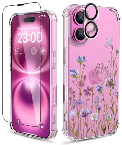 ilnehc for iPhone 16 Case,[3 in 1] with Screen Protector & Camera Lens Protector, Flower Pattern Design,Clear Soft Shockproof Slim Floral Phone Cover for Women Girls 2024 6.1