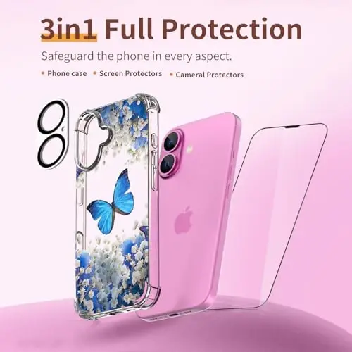 ilnehc for iPhone 16 Case,[3 in 1] with Screen Protector & Camera Lens Protector, Flower Pattern Design,Clear Soft Shockproof Slim Floral Phone Cover for Women Girls 2024 6.1