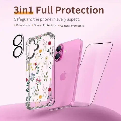 ilnehc for iPhone 16 Case,[3 in 1] with Screen Protector & Camera Lens Protector, Flower Pattern Design,Clear Soft Shockproof Slim Floral Phone Cover for Women Girls 2024 6.1
