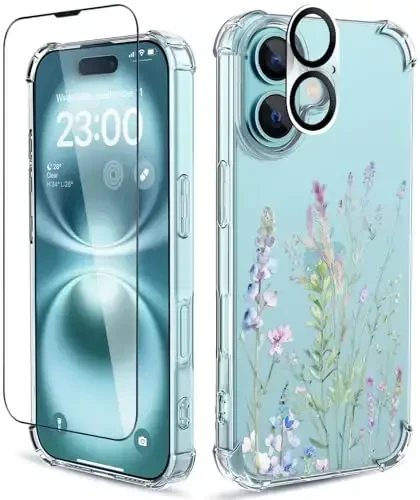 ilnehc for iPhone 16 Case,[3 in 1] with Screen Protector & Camera Lens Protector, Flower Pattern Design,Clear Soft Shockproof Slim Floral Phone Cover for Women Girls 2024 6.1