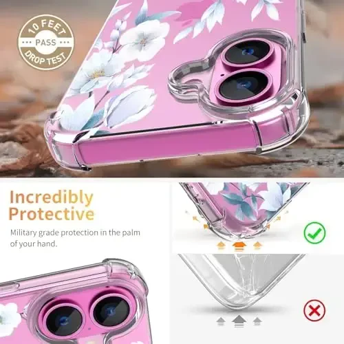 ilnehc for iPhone 16 Case,[3 in 1] with Screen Protector & Camera Lens Protector, Flower Pattern Design,Clear Soft Shockproof Slim Floral Phone Cover for Women Girls 2024 6.1