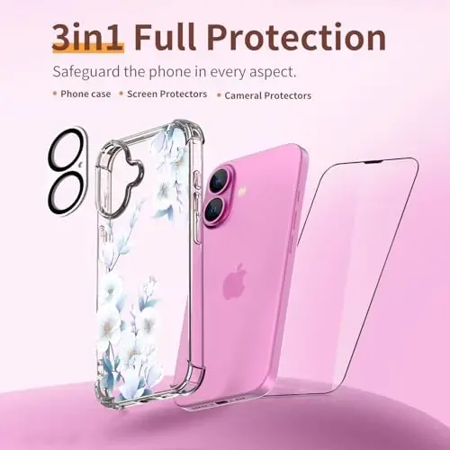 ilnehc for iPhone 16 Case,[3 in 1] with Screen Protector & Camera Lens Protector, Flower Pattern Design,Clear Soft Shockproof Slim Floral Phone Cover for Women Girls 2024 6.1