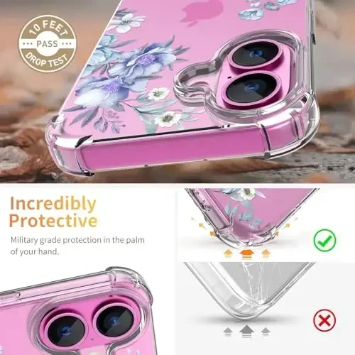 ilnehc for iPhone 16 Case,[3 in 1] with Screen Protector & Camera Lens Protector, Flower Pattern Design,Clear Soft Shockproof Slim Floral Phone Cover for Women Girls 2024 6.1