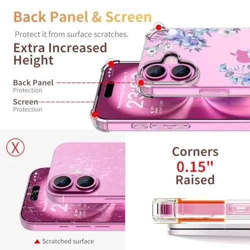 ilnehc for iPhone 16 Case,[3 in 1] with Screen Protector & Camera Lens Protector, Flower Pattern Design,Clear Soft Shockproof Slim Floral Phone Cover for Women Girls 2024 6.1