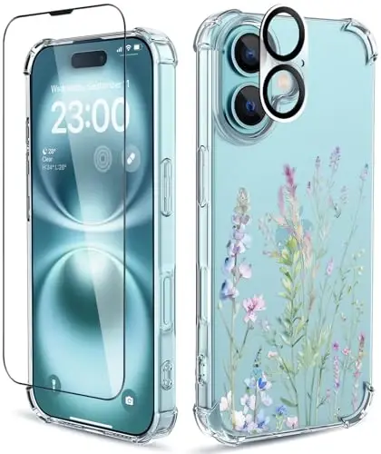 ilnehc for iPhone 16 Plus Case,[3 in 1] with Screen Protector & Camera Lens Protector, Flower Pattern Design,Clear Soft Shockproof Slim Floral Phone Cover for Women Girls 2024 6.7