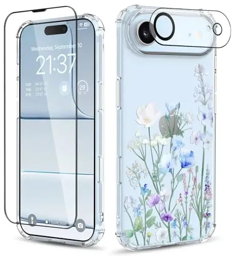 ilnehc for iPhone 17 Air Case,[3 in 1] with Screen Protector & Camera Lens Protector, Flower Pattern Design,Clear Soft Shockproof Slim Floral Phone Cover for Women Girls 2025 6.5