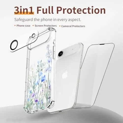 ilnehc for iPhone 17 Air Case,[3 in 1] with Screen Protector & Camera Lens Protector, Flower Pattern Design,Clear Soft Shockproof Slim Floral Phone Cover for Women Girls 2025 6.5