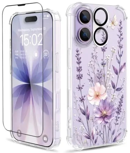 ilnehc for iPhone 17 Case, 3 in 1 Screen & Lens Protectors, Floral Cover | Soft TPU Material | Flower Design | Shockproof | Designed for Women Girls，Butterfly Meadow - 1