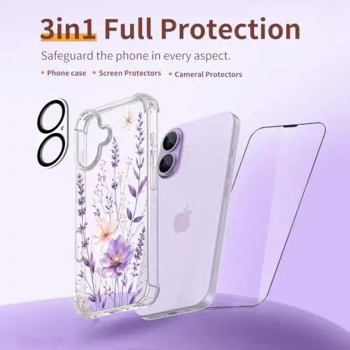 ilnehc for iPhone 17 Case, 3 in 1 Screen & Lens Protectors, Floral Cover | Soft TPU Material | Flower Design | Shockproof | Designed for Women Girls，Butterfly Meadow - 6