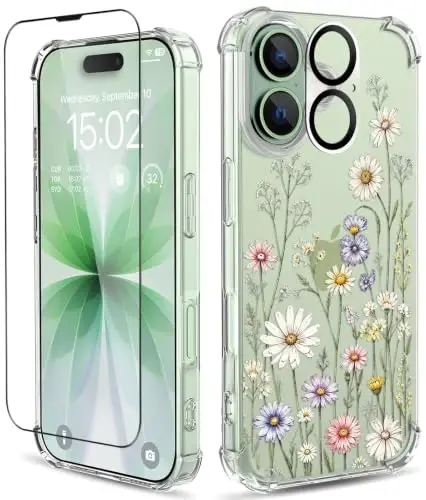 ilnehc for iPhone 17 Case, 3 in 1 Screen & Lens Protectors, Floral Cover | Soft TPU Material | Flower Design | Shockproof | Designed for Women Girls，Daisy Meadow - 1