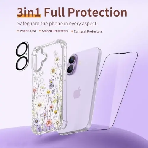 ilnehc for iPhone 17 Case, 3 in 1 Screen & Lens Protectors, Floral Cover | Soft TPU Material | Flower Design | Shockproof | Designed for Women Girls，Daisy Meadow - 6