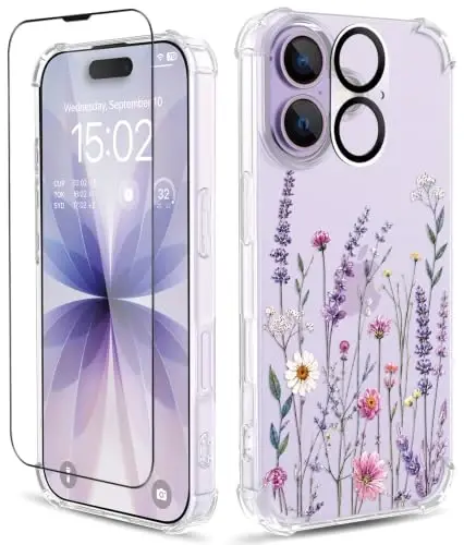 ilnehc for iPhone 17 Case, 3 in 1 Screen & Lens Protectors, Floral Cover | Soft TPU Material | Flower Design | Shockproof | Designed for Women Girls，Lavender Garden - 1