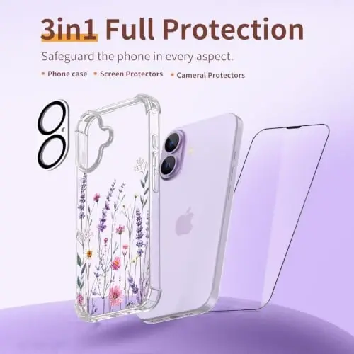 ilnehc for iPhone 17 Case, 3 in 1 Screen & Lens Protectors, Floral Cover | Soft TPU Material | Flower Design | Shockproof | Designed for Women Girls，Lavender Garden - 6