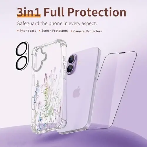 ilnehc for iPhone 17 Case,[3 in 1] with Screen Protector & Camera Lens Protector, Flower Pattern Design,Clear Soft Shockproof Slim Floral Phone Cover for Women Girls 2025 6.3