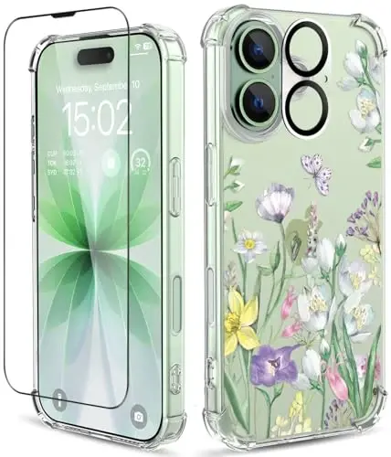 ilnehc for iPhone 17 Case,[3 in 1] with Screen Protector & Camera Lens Protector, Flower Pattern Design,Clear Soft Shockproof Slim Floral Phone Cover for Women Girls 2025 6.3