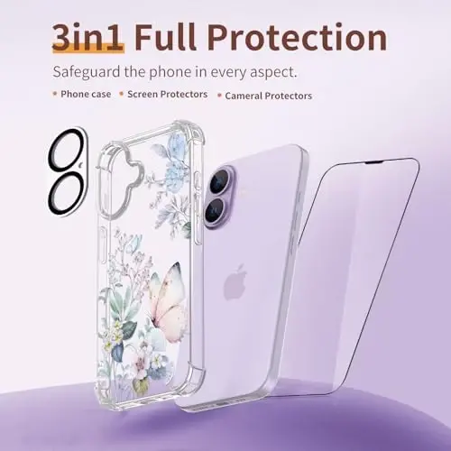 ilnehc for iPhone 17 Case,[3 in 1] with Screen Protector & Camera Lens Protector, Flower Pattern Design,Clear Soft Shockproof Slim Floral Phone Cover for Women Girls 2025 6.3