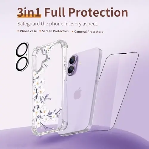 ilnehc for iPhone 17 Case,[3 in 1] with Screen Protector & Camera Lens Protector, Flower Pattern Design,Clear Soft Shockproof Slim Floral Phone Cover for Women Girls 2025 6.3