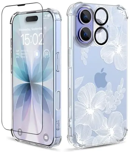 ilnehc for iPhone 17 Case,[3 in 1] with Screen Protector & Camera Lens Protector, Flower Pattern Design,Clear Soft Shockproof Slim Floral Phone Cover for Women Girls 2025 6.3