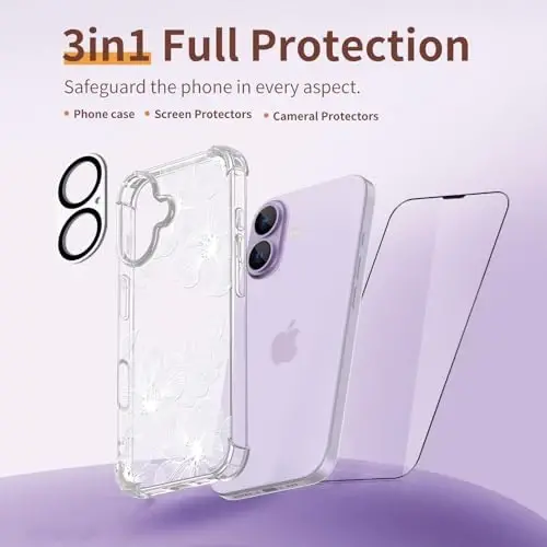 ilnehc for iPhone 17 Case,[3 in 1] with Screen Protector & Camera Lens Protector, Flower Pattern Design,Clear Soft Shockproof Slim Floral Phone Cover for Women Girls 2025 6.3