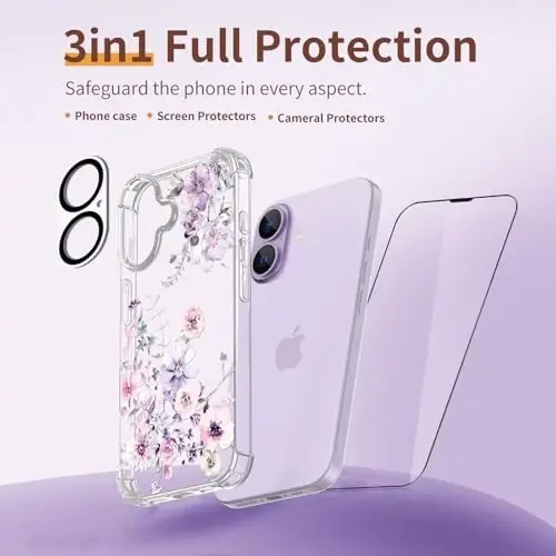 ilnehc for iPhone 17 Case,[3 in 1] with Screen Protector & Camera Lens Protector, Flower Pattern Design,Clear Soft Shockproof Slim Floral Phone Cover for Women Girls 2025 6.3