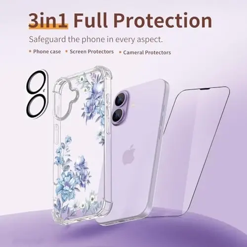 ilnehc for iPhone 17 Case,[3 in 1] with Screen Protector & Camera Lens Protector, Flower Pattern Design,Clear Soft Shockproof Slim Floral Phone Cover for Women Girls 2025 6.3