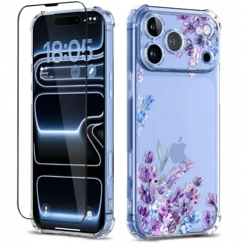 ilnehc for iPhone 17 Pro Max/18 Pro Max Case, Screen Protector, Flower Case | Soft TPU Material | Clear Floral Design | Full Camera Protection | Shockproof Protection | Women & Girls - 1