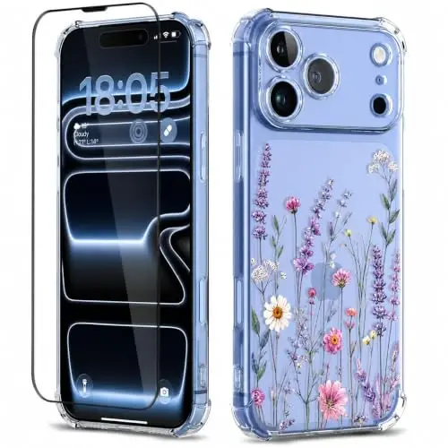 ilnehc for iPhone 17 Pro Max/18 Pro Max Case, Screen Protector, Flower Case | Soft TPU Material | Clear Floral Design | Full Camera Protection | Shockproof Protection | Women & Girls - 1