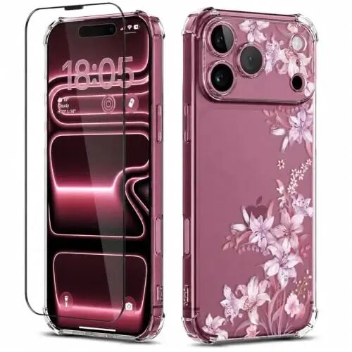 ilnehc for iPhone 17 Pro Max/18 Pro Max Case, Screen Protector, Flower Case | Soft TPU Material | Clear Floral Design | Full Camera Protection | Shockproof Protection | Women & Girls - ilnehc